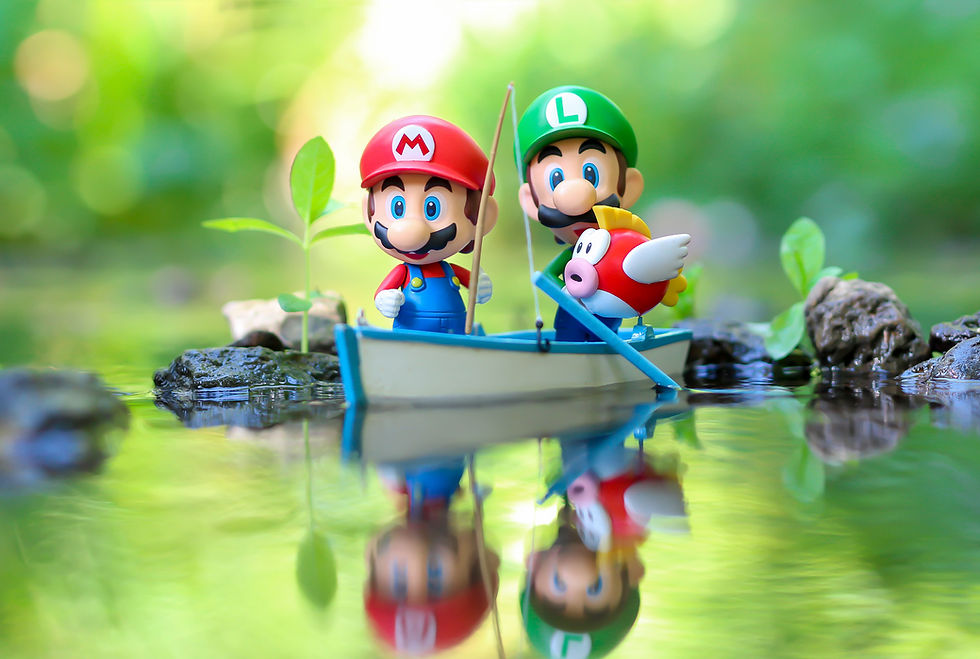 Mario and Luigi Nendoroid on a boat fishing for Cheep Cheep
