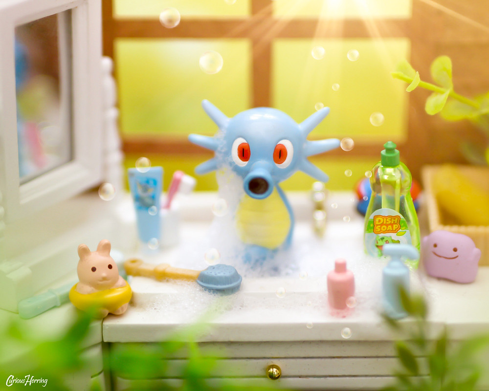 Toy Photography by CuriousHerring of Horsea from Pokemon. Curious Life of Pokemon, Horsea takes a bath in the kitchen sink whilst Ash is out of town.