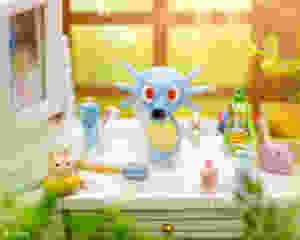 Toy Photography by CuriousHerring of Horsea from Pokemon. Curious Life of Pokemon, Horsea takes a bath in the kitchen sink whilst Ash is out of town.
