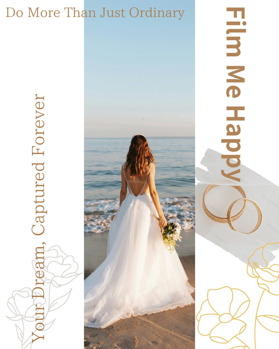 Social media post design for Film Me Happy, showcasing a bride walking on the beach, symbolizing romantic and cinematic wedding moments.