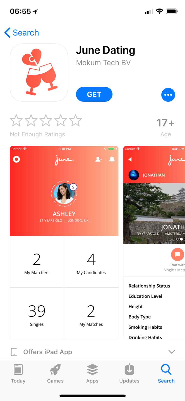 June Dating app in the Apple iTunes App Store