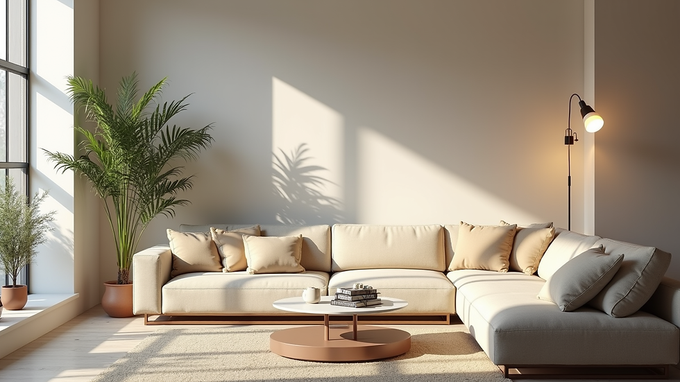 Vue à hauteur d’œil d’un salon lumineux avec canapé et table basse