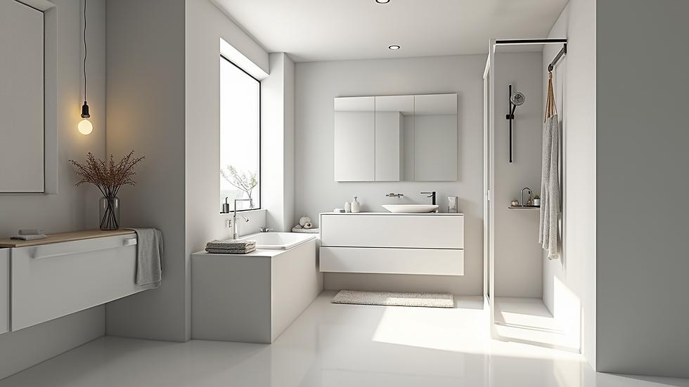 Plan 3D d'une petite salle de bain optimisée avec rangements intégrés