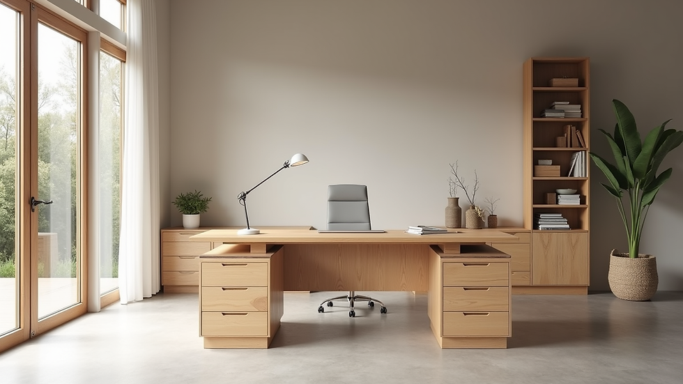 Vue rapprochée d'un bureau sur mesure en bois clair avec rangements intégrés