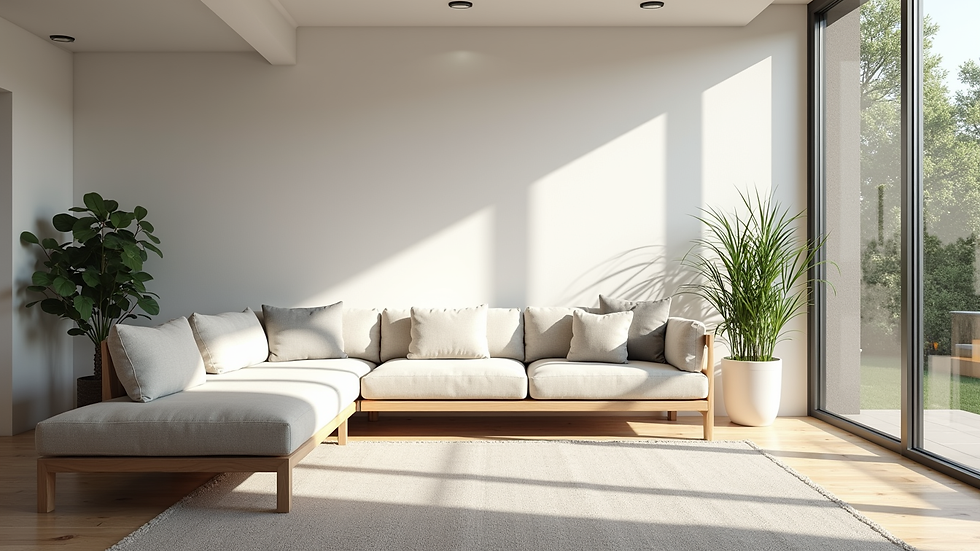Vue en contre-plongée d'un salon lumineux avec grandes fenêtres et mobilier moderne
