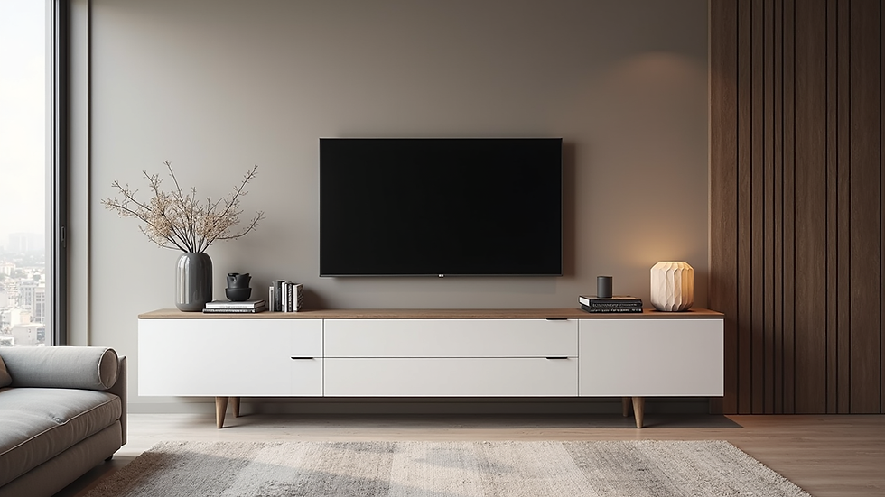 Vue en plongée d'un meuble TV sur mesure intégré dans un salon moderne