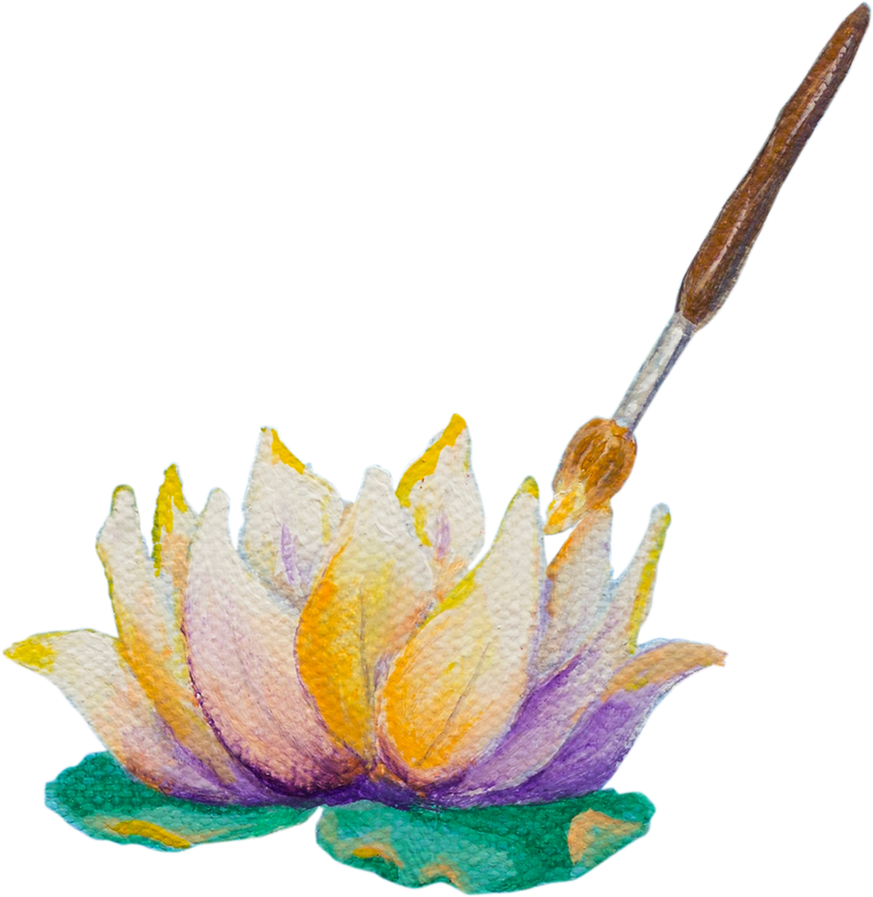 A paintbrush colors a lotus flower with purple and yellow accents on a blue canvas, evoking creativity and calmness.
