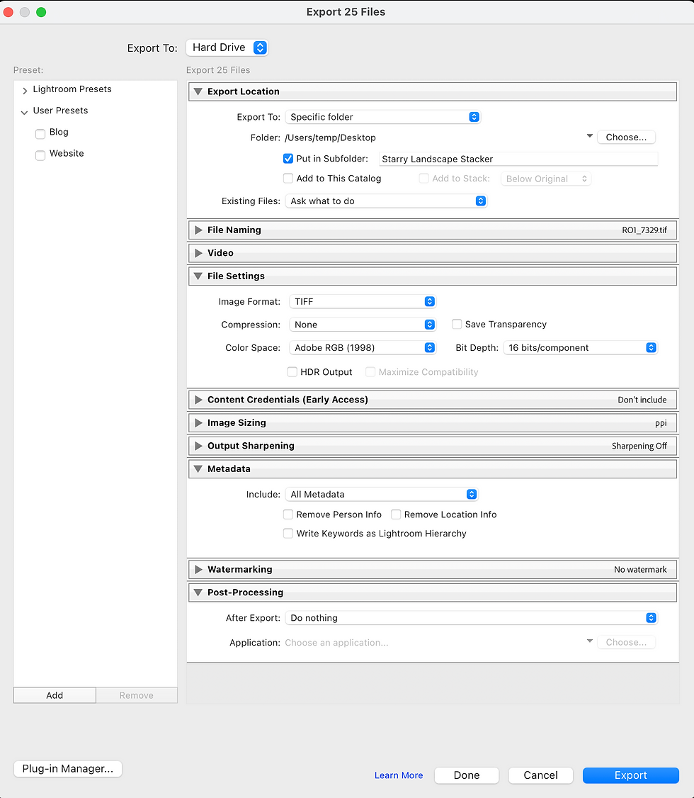 Recommended Lightroom export settings for TIFF files for astrophotography stacking