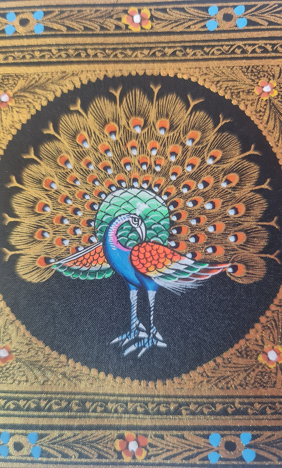 Thumbnail: Moghul Miniature gold hand painted peacock on black silk Vintage