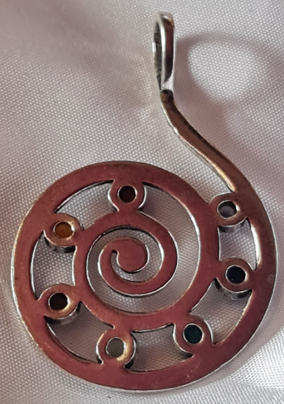 Thumbnail: Spiral Pendant Large hand-made Brass with 7 semi-precious stones