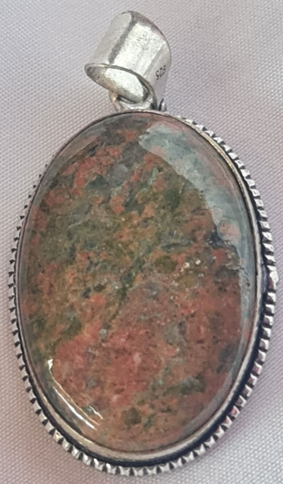 Thumbnail: Large Vintage Oval Cut Unakite Pendant set in 925 silver delicate pinks greens H
