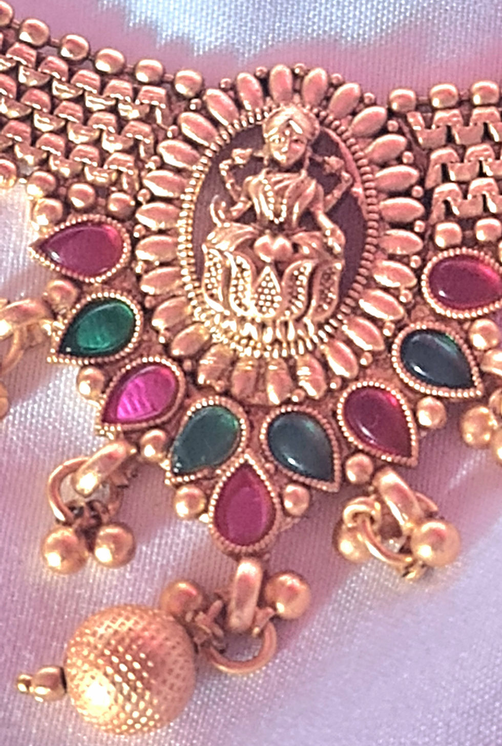 Thumbnail: India Indian gold metal choker necklace Laxmi Lakshmi Goddess red green stone 04