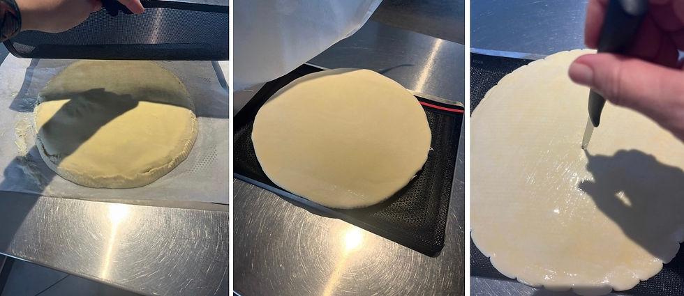 tourte avant cuisson 
astuce de retourner la tourte pour avoir le côté lisse sur le dessus
faire un trou au centre