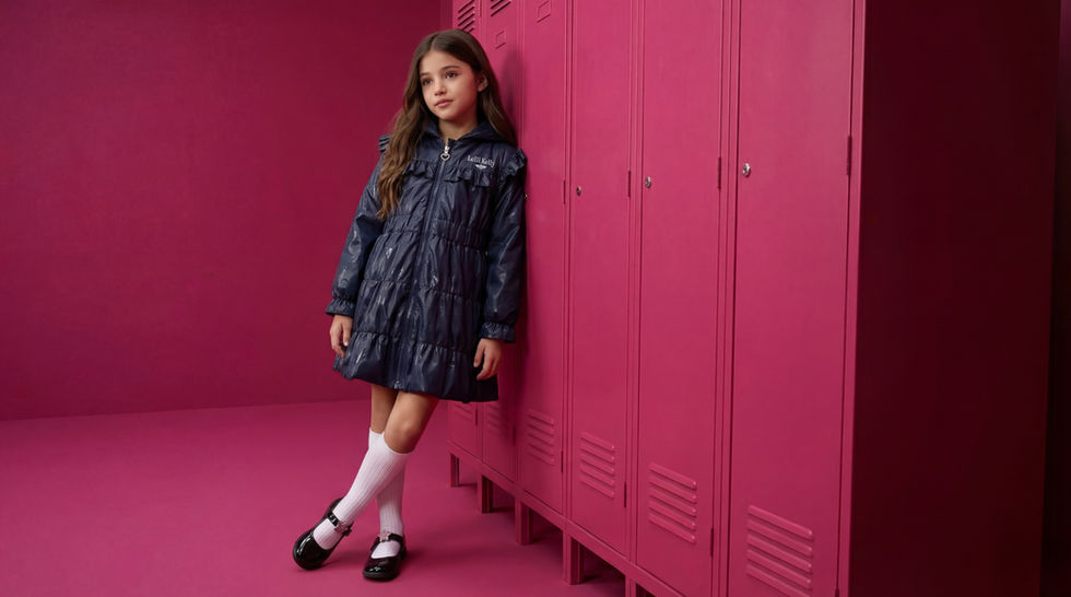 Girl in a dress leaning against pink lockers.