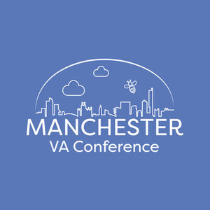 Blue logo for Manchester VA Conference with skyline.