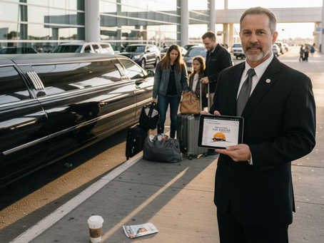 Chauffeur waits near limousine at Orlando airport