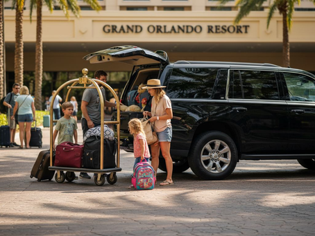 Family loading luggage into SUV outside hotel