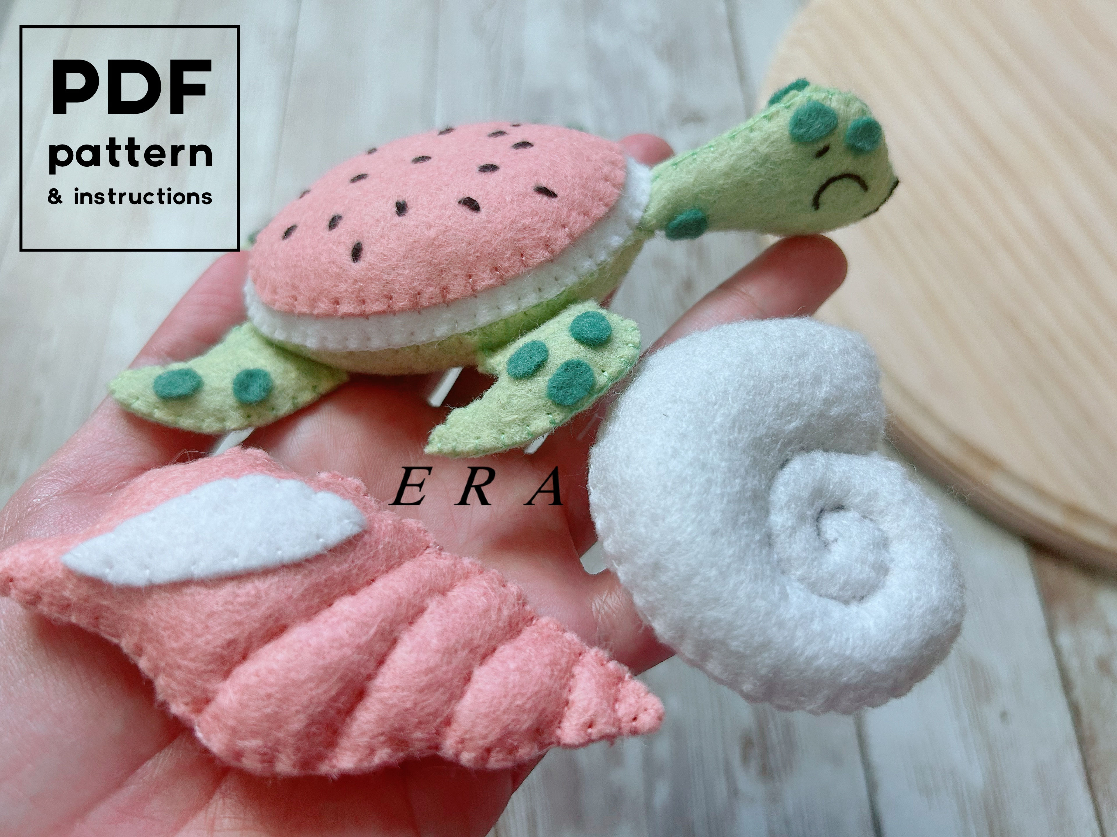 PDF Pattern watermelon turtle and snails felt set. Easy sewing toy pattern.