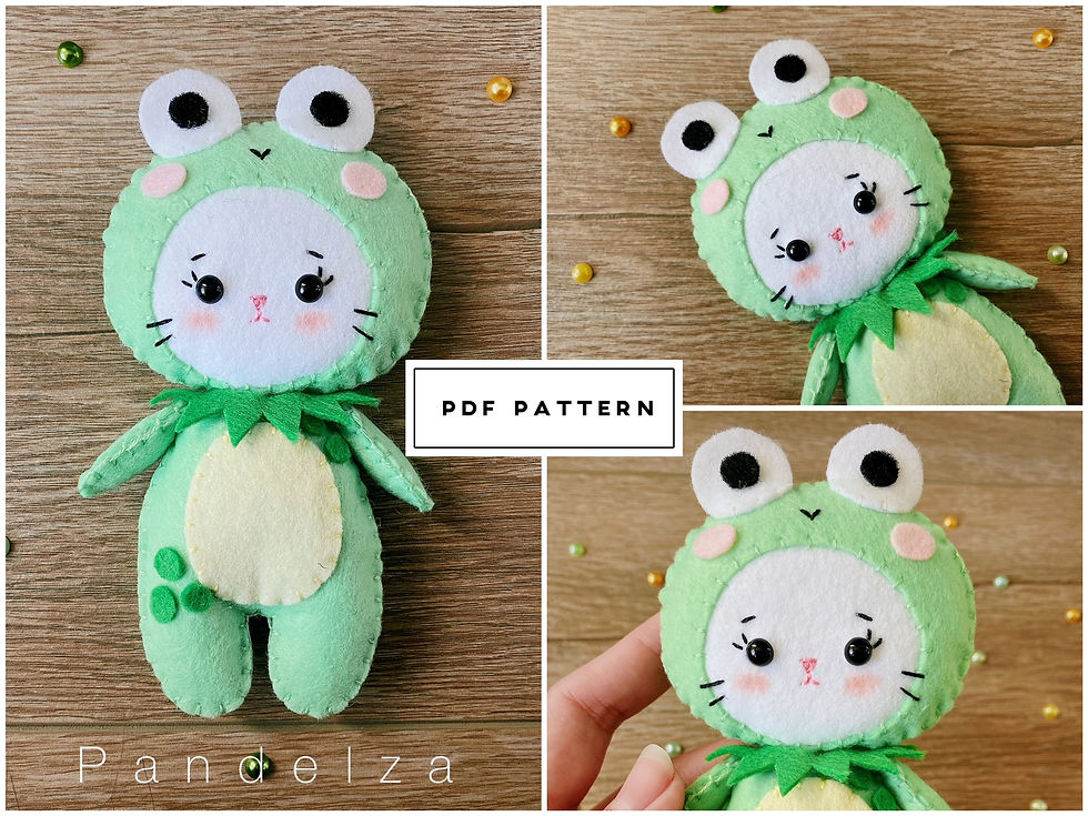Thumbnail: Cat wearing frog costume felt PDF pattern. DIY doll cat pattern.