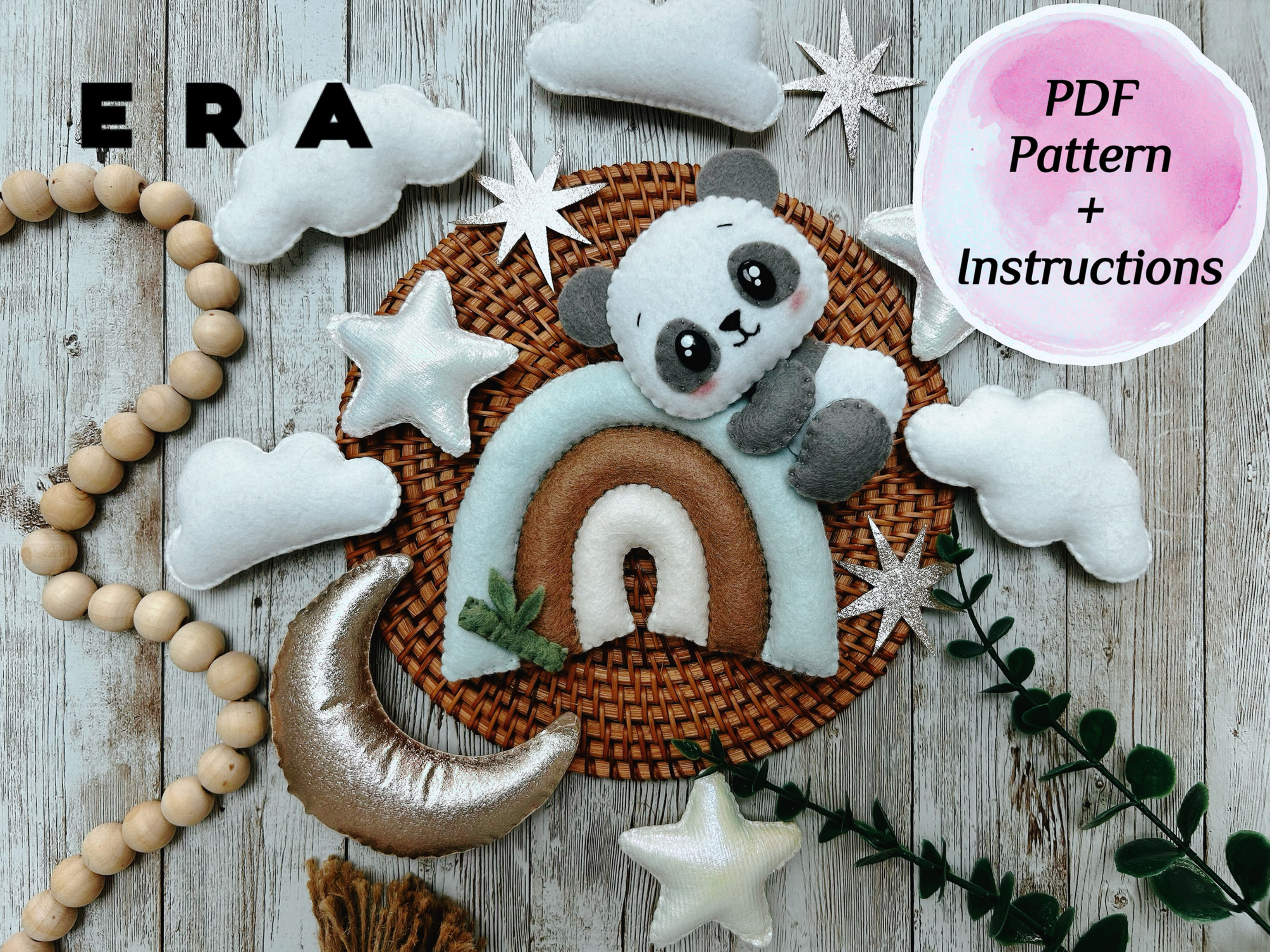Panda on the rainbow set felt patterns (PDF). Stuffed animal plush. DIY felt toy