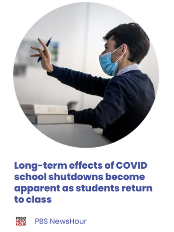 Logo of a boy writing on the blackboard. Click the logo to go to the article "long-term effects of COVID school shutdowns as students return to class"