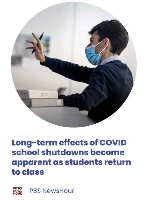 Logo of a boy writing on the blackboard. Click the logo to go to the article "long-term effects of COVID school shutdowns as students return to class"