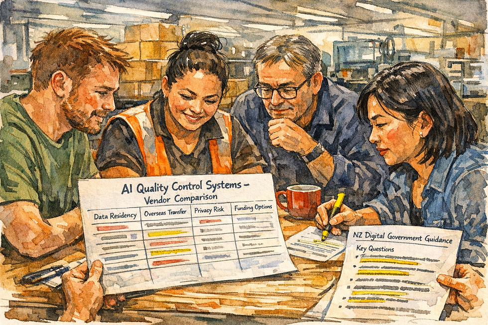 A small Auckland manufacturing team gathered around a workshop table reviewing a vendor comparison sheet for an AI-power