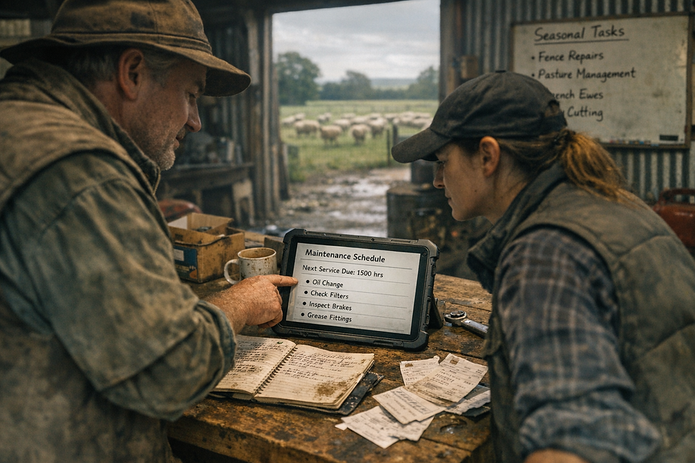 A detailed rural New Zealand workshop scene focused on an actionable agriculture use case: a farmer and farm manager sta