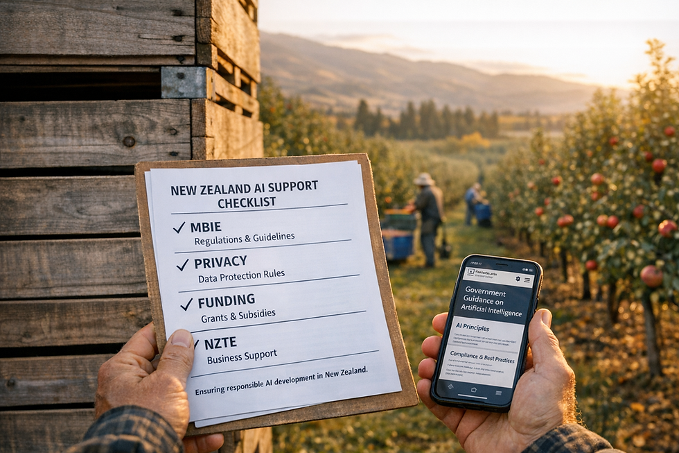 A South Island orchard owner in Central Otago standing beside stacked apple bins at golden hour, holding a printed New Z