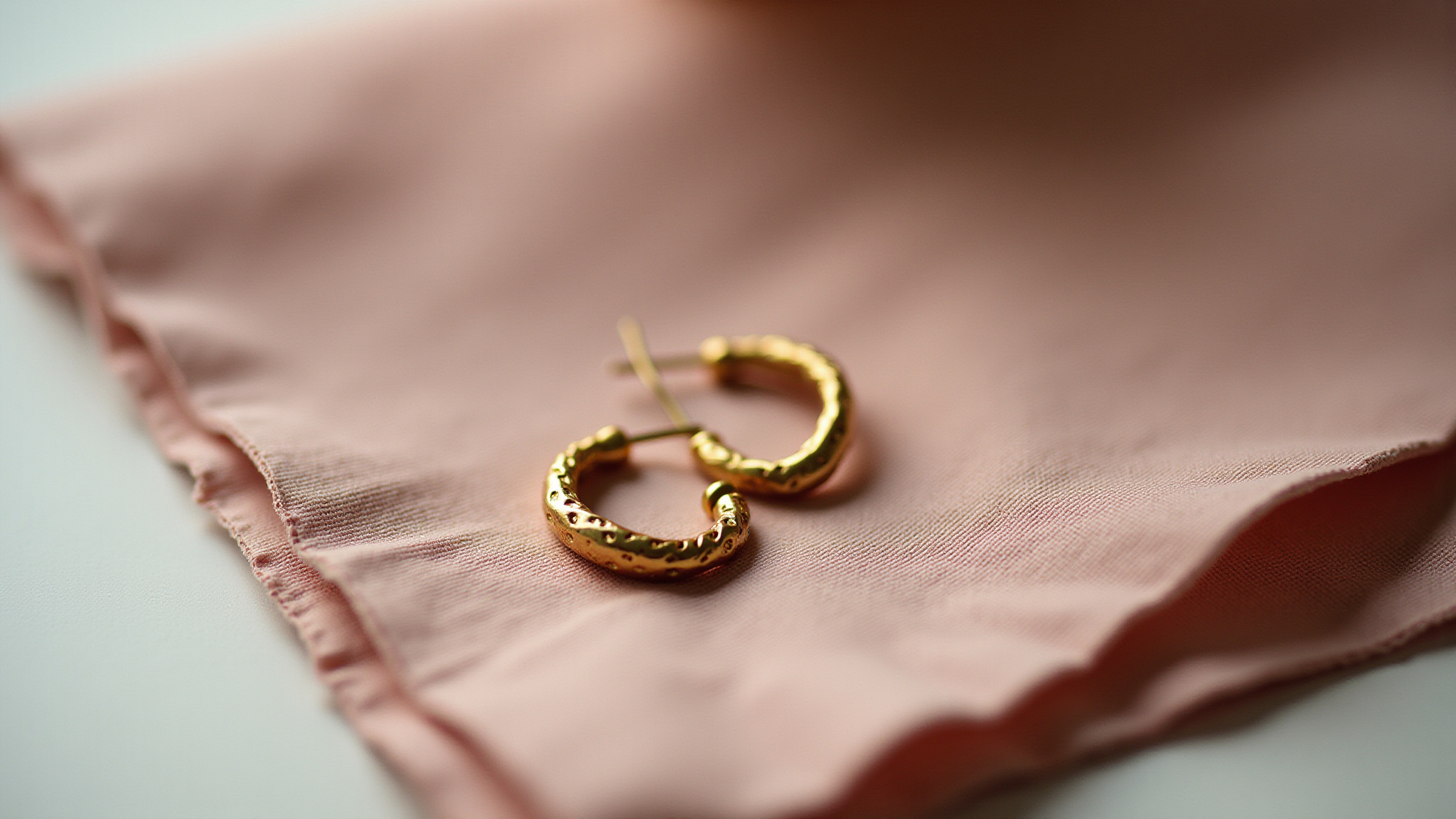 Textured gold hoop earrings on pink fabric