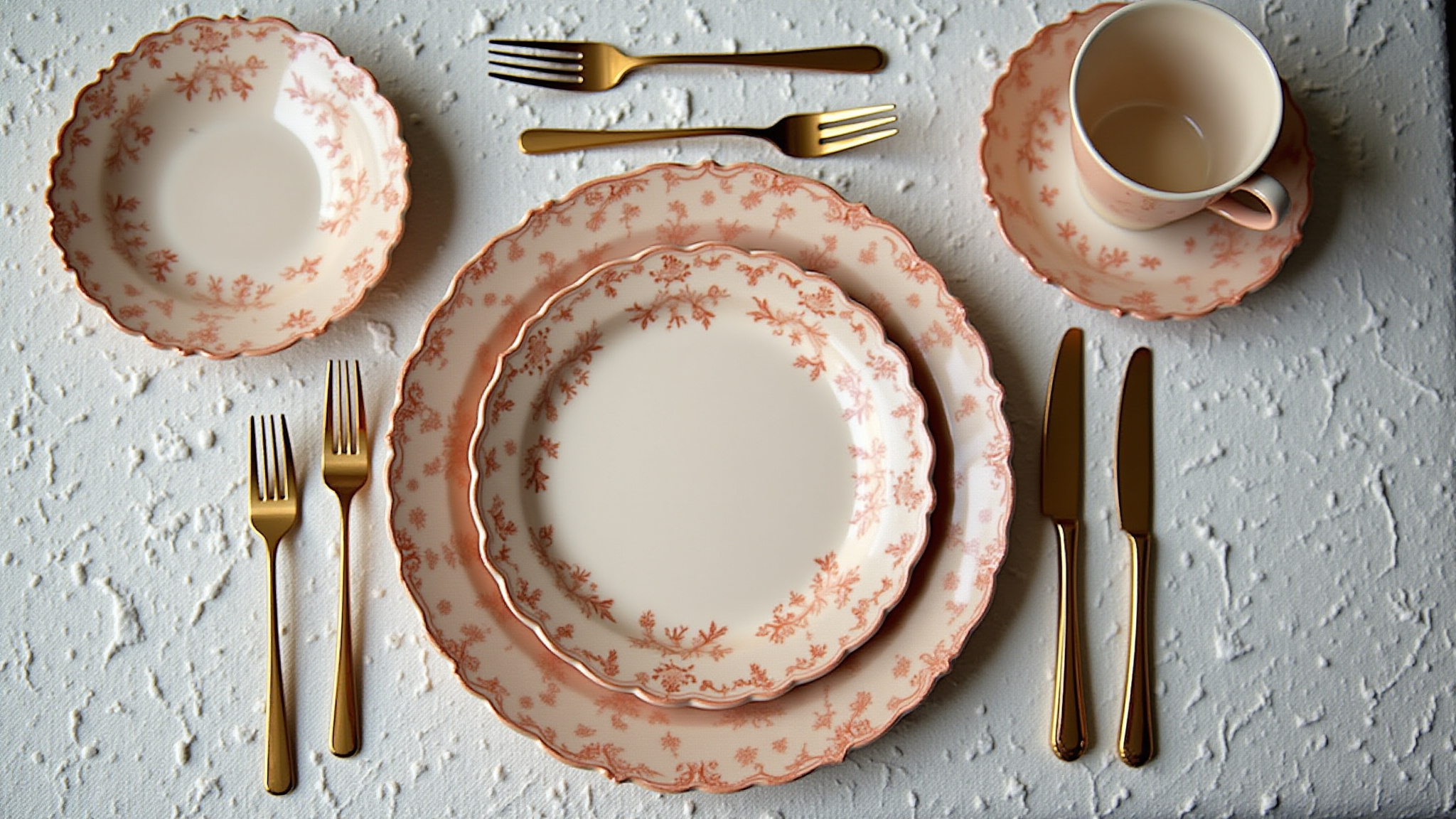 Pink floral dinnerware set with gold cutlery