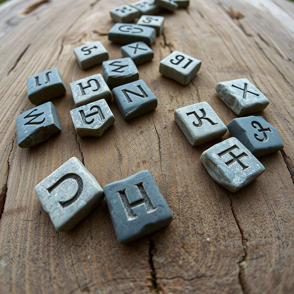 Eye-level view of a collection of runes on a wooden surface