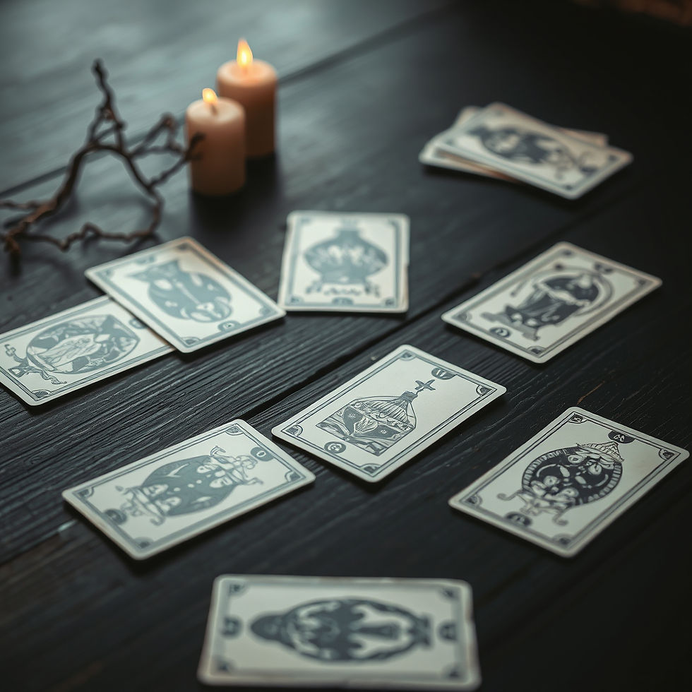 Tarot cards spread on a dark wooden table with three lit candles and dried branches nearby, creating a mysterious and mystical atmosphere.