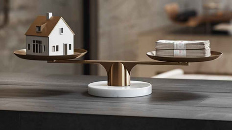 A scale with a house on one side of the scale arm and money on the other side