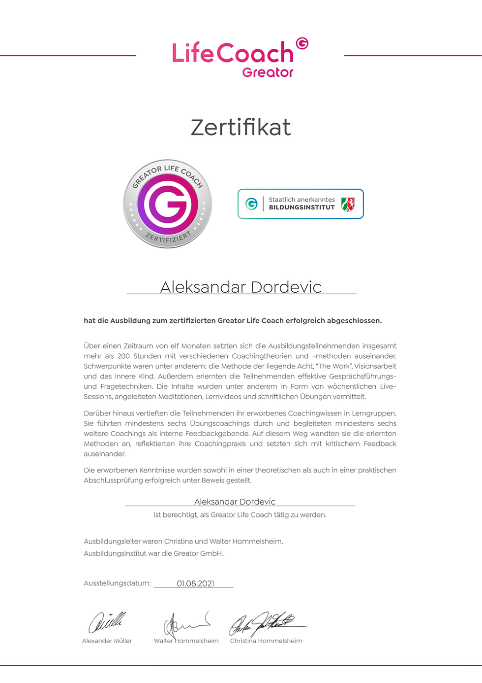 Greator Life Coach Zertifikat