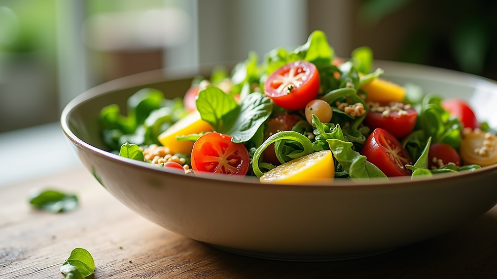 Close-up view of a vibrant salad bowl