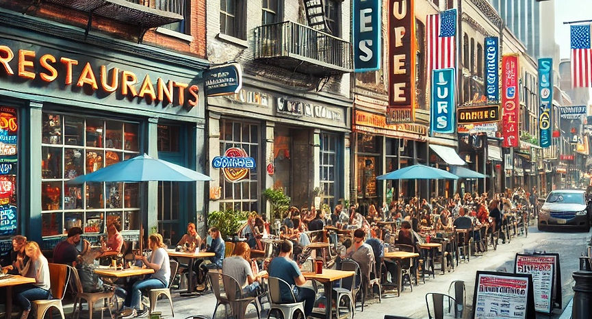 DALL·E 2024-10-04 16.05.18 - A realistic, busy American street scene with multiple restaur