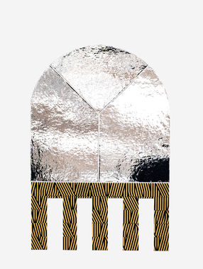 Gray and white landscape-like image with vertical black bars along the bottom