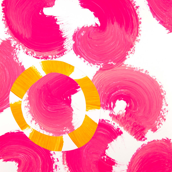 Pink abstract composition with a yellow and orange circular center