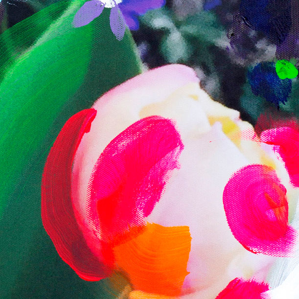 Detail of Tulip by Newell GU with pink, orange, and floral abstract forms