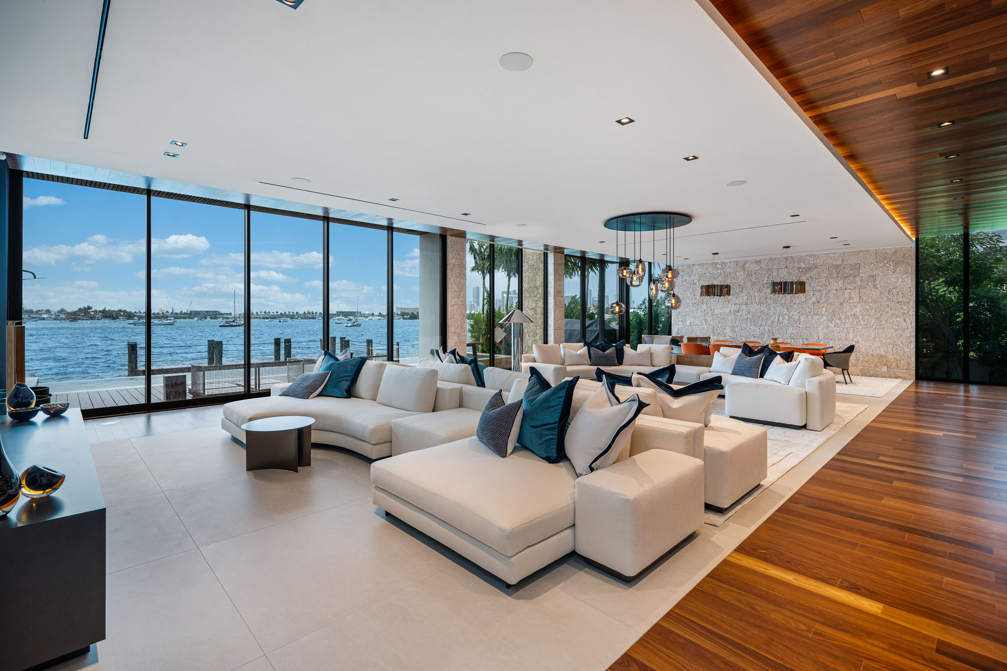 Living room with panoramic city and water views in Brickell Miami