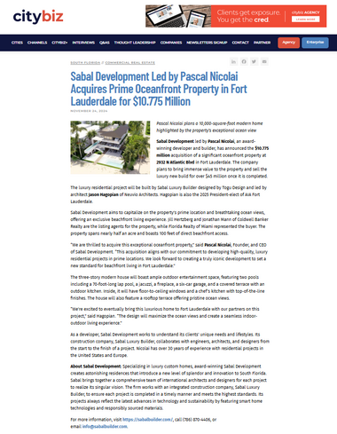 CityBiz article about Sabal Development acquiring an oceanfront property in Fort Lauderdale