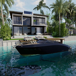 Waterfront facade with yacht and pool from canal, North Bay Village