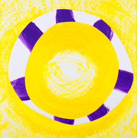 Yellow circular abstract composition with purple segmented ring on a light background