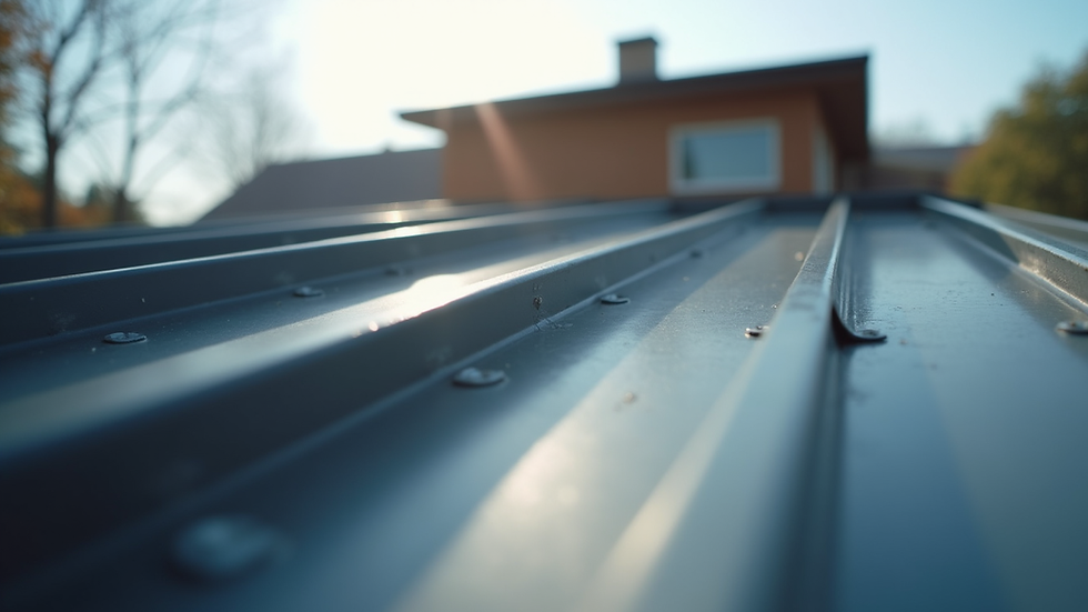 Eye-level view of a newly installed metal roof on a residential home