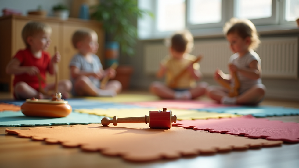 Eye-level view of a cosy music class room with colourful mats and baby instruments