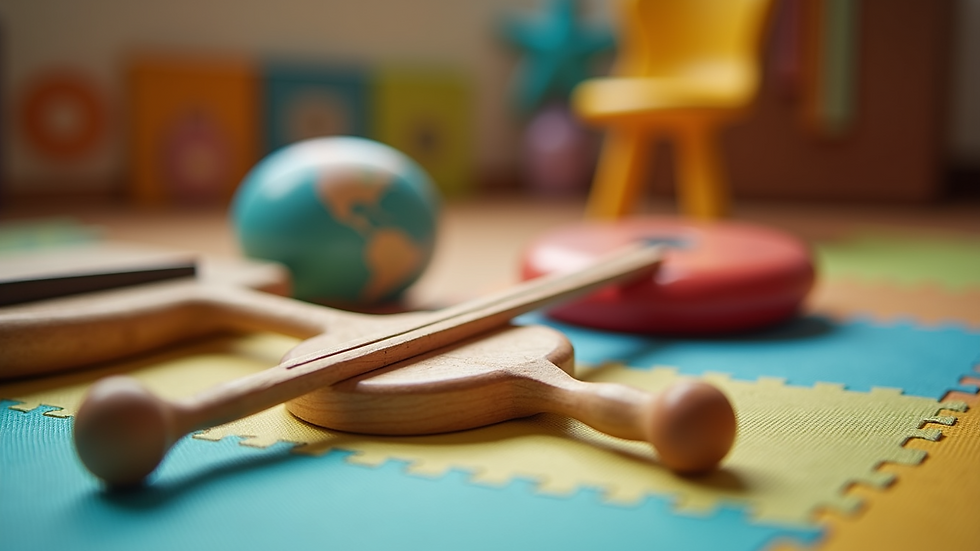 Close-up view of colourful musical instruments arranged on a play mat