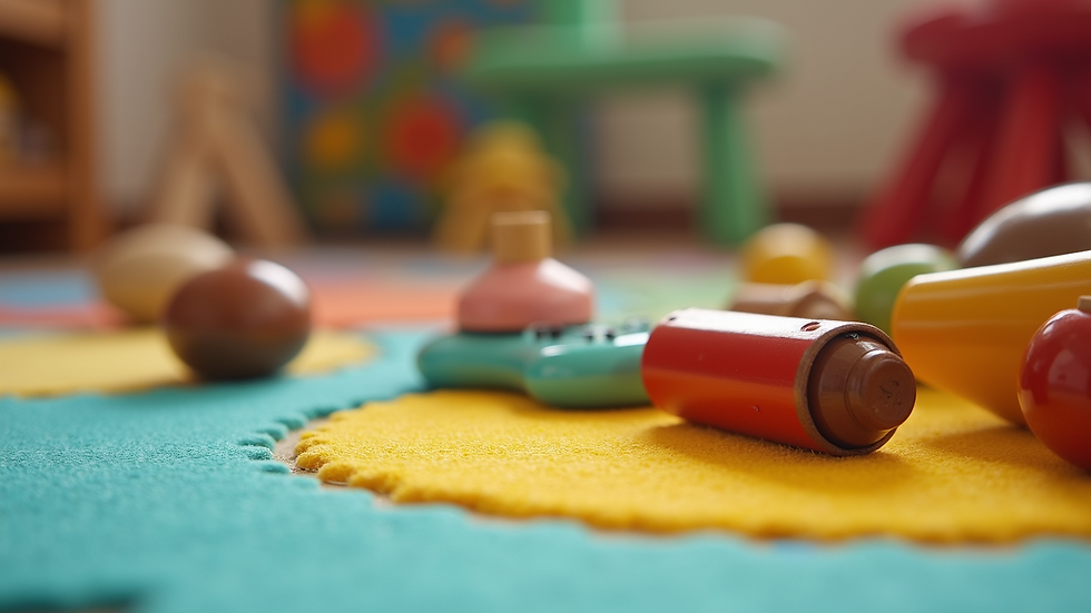 Eye-level view of colourful musical instruments arranged on a soft play mat