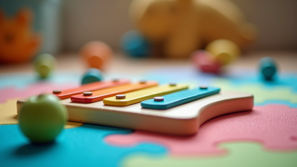 Close-up view of a colourful xylophone and soft sensory toys on a play mat