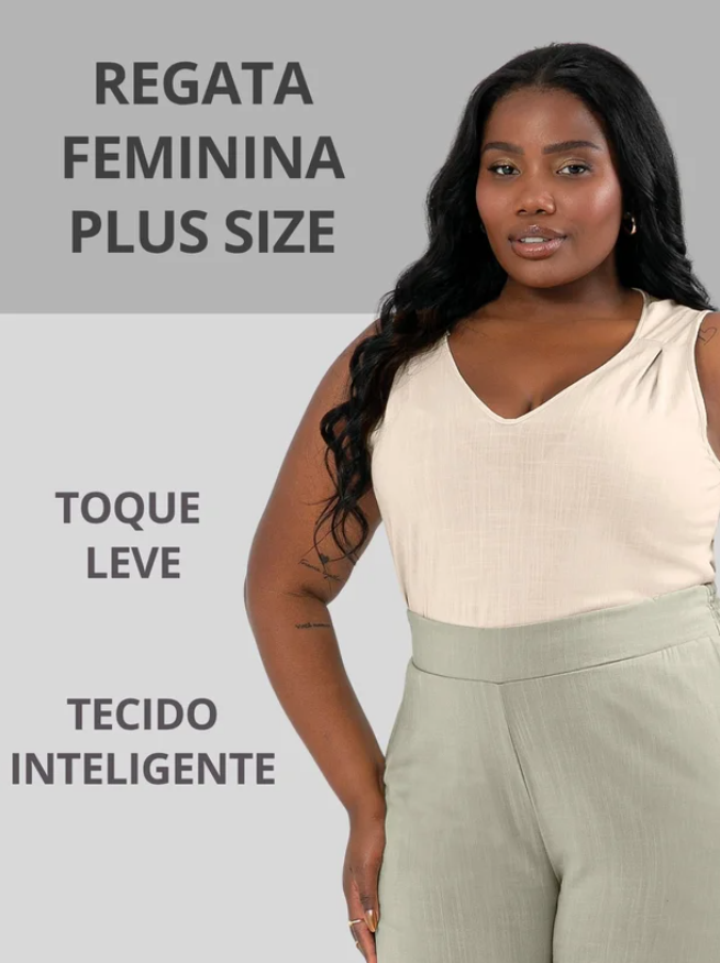 Miniatura: Regata Plus Size Decote V em Viscose Bege